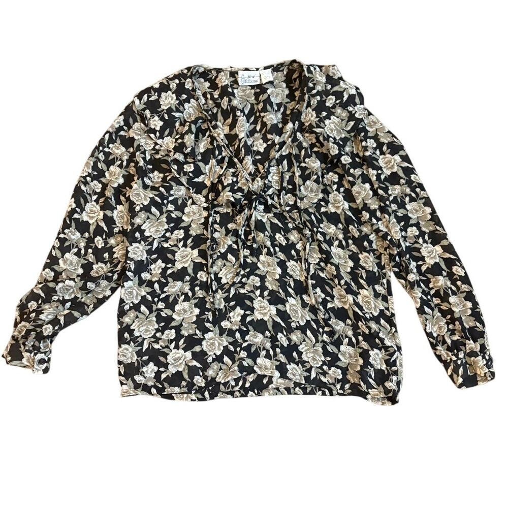 Vintage New Editions‎ Floral Blouse Womens Size 14 Black Beige Long Sleeve EUC